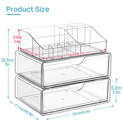 Vtopmart 3 Tier Clear Makeup Organizer with Drawer, Cosmetic Storage for Dresser Countertop and Bathroom Vanity, Skincare Organizer for Lipstick Brush Holders