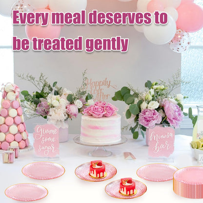 Auch 30 Pack Hammered Plastic Plates Heavyweight Disposable Plastic Plates Elegant Clear Rim Platsic Party Dishes, Hammered Pink with Gold Rim, 7.5 Inch Plates