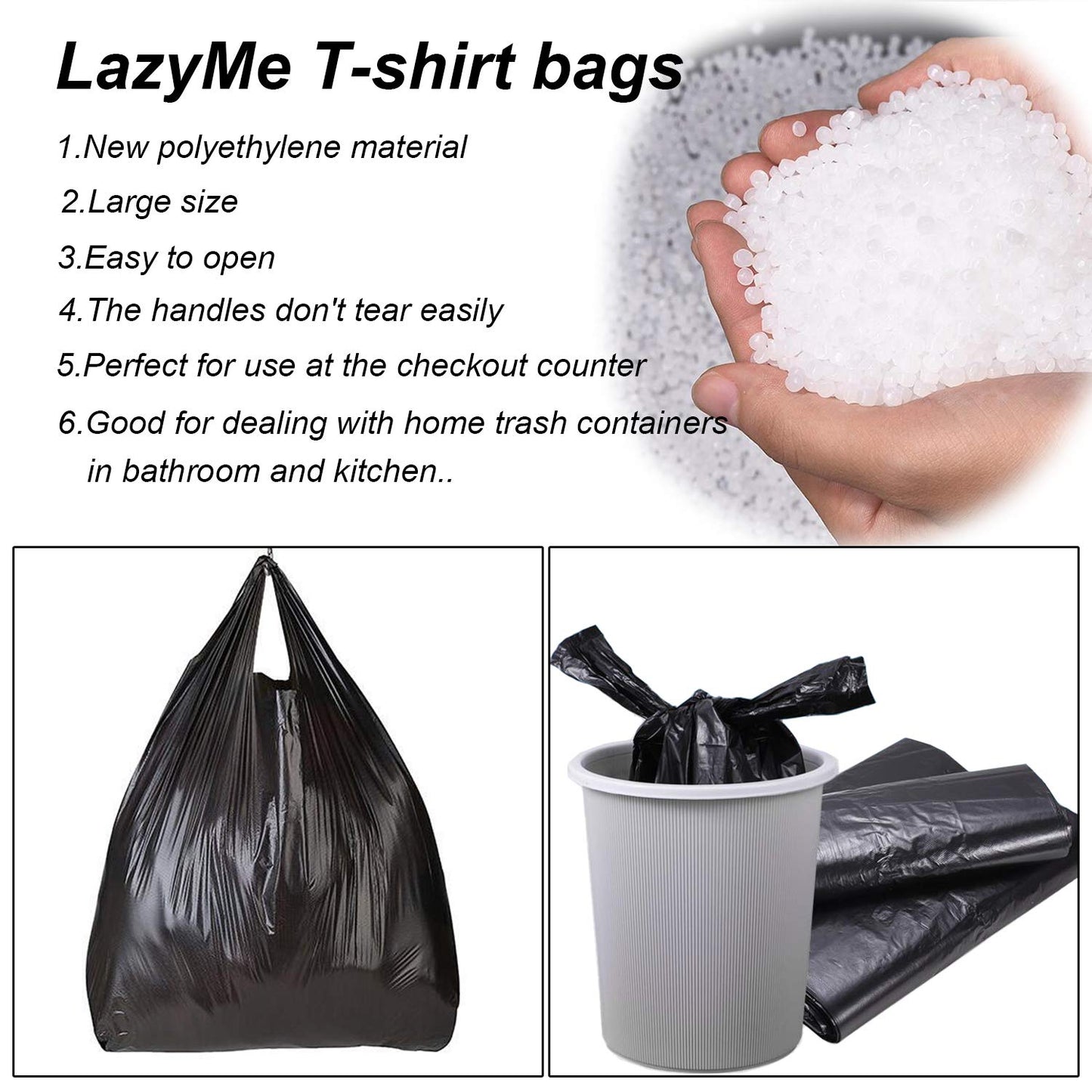 T Shirt Bags, Black Plastic Grocery Bags with Handles in Bulk for Shopping and Restaurant, Bolsas De Plastico para Negocio, 12 x 20 inch (200 Pcs)