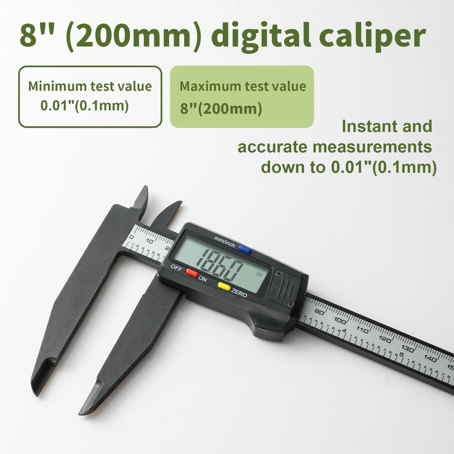 SCITOOLS Digital Caliper 0-8"/200mm Measuring Tool, Micrometer Caliper with Auto-Off Feature, Interchangeable Between inches and millimeters for Jewelry Measurement and 3D Printing