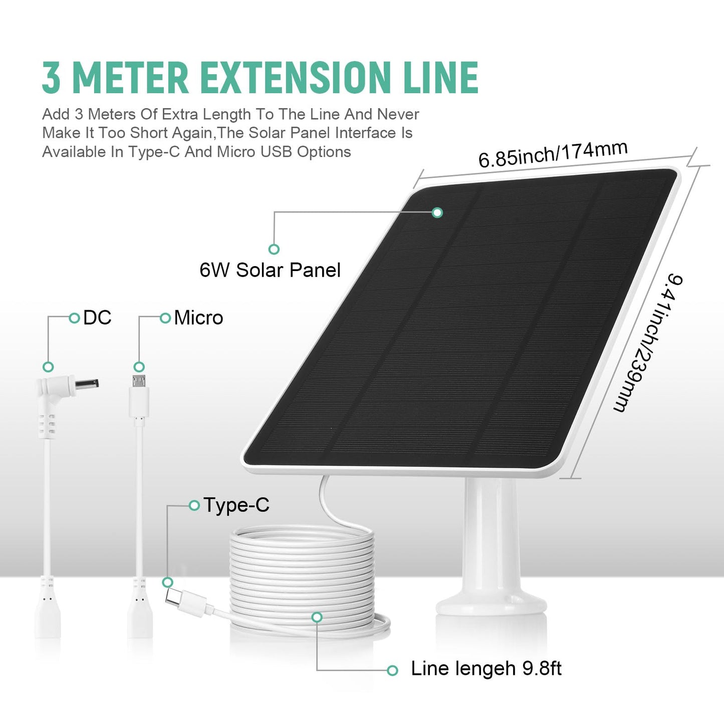 USB Solar Panel for Ring Camera - Type-C Solar Panel Charger 5v 6w with 10ft Waterproof Charging Cable, Micro-USB & USB-C & Barrel Port, IP66 Weatherproof,Includes Secure Wall Mount
