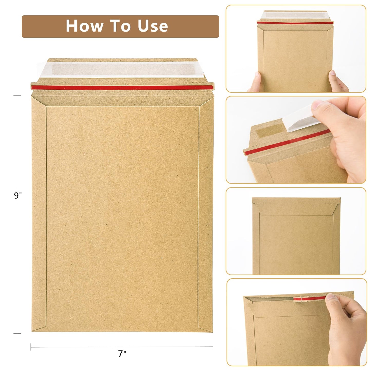 zmybcpack 50 Pack 7x9 inch Kraft Rigid Mailer, Self Seal Stay Flat Photo Document Mailers, Kraft Cardboard Envelopes Photography Mailers for CD, Photos, Document