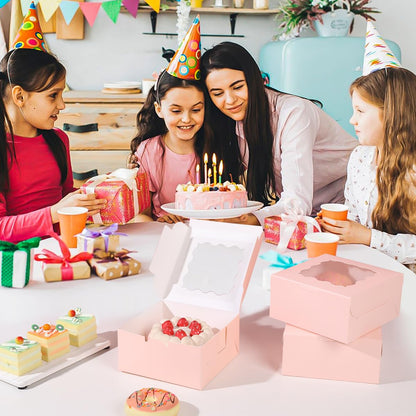 PFAMKEER 36 pcs 6x6x3 Inches Small Cake Box with Window, Bakery Pastry Cookie Boxes, Mini Pie for Pastry,Dessert,Strawberries,Chocolates, Cupcakes with paper stickers (Pink)