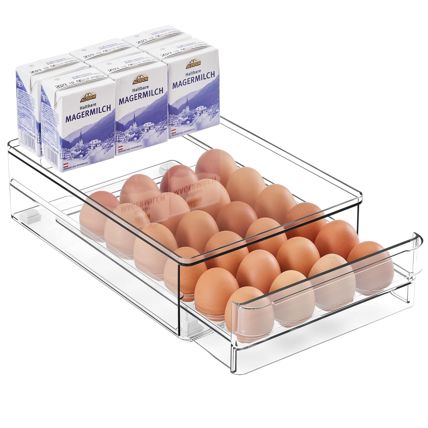 vacane 24 Egg Drawer for Fridge, Pull Out Egg Storage Container with Non-Slip Pads Refrigerator Organizer Bins Clear Egg Holder, Egg Tray-Bpa Free Egg Organizer