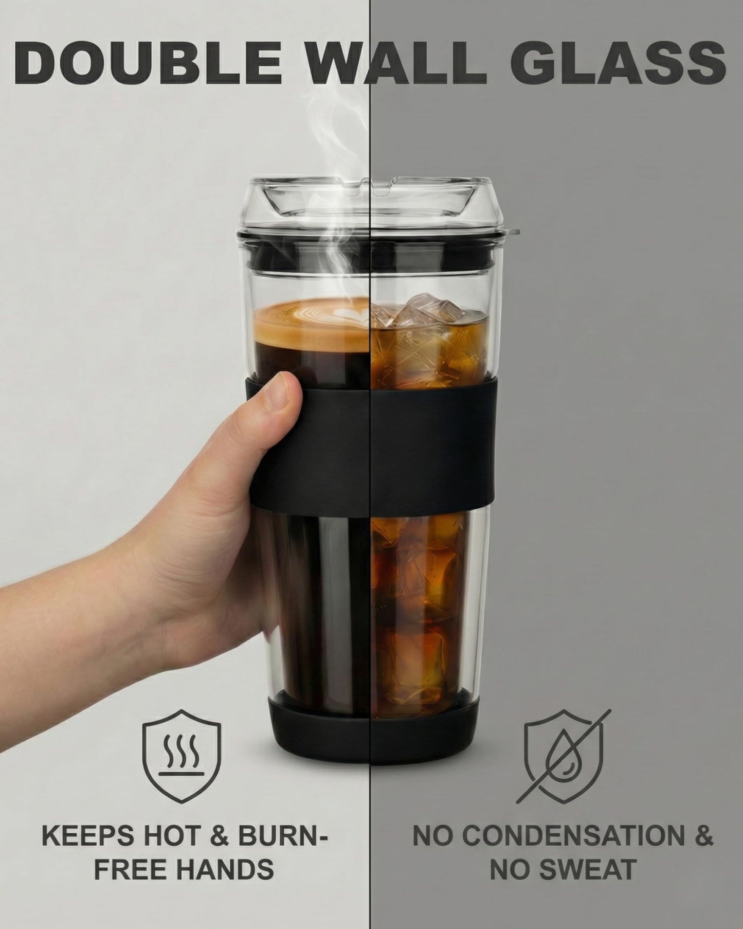 400ml Glass Travel Mug with Full Glass Lid - Double Wall Insulated Coffee Cup - Non-Slip Silicone Sleeve for Car, Commute - Reusable Tea Tumbler (Plastic-Free)