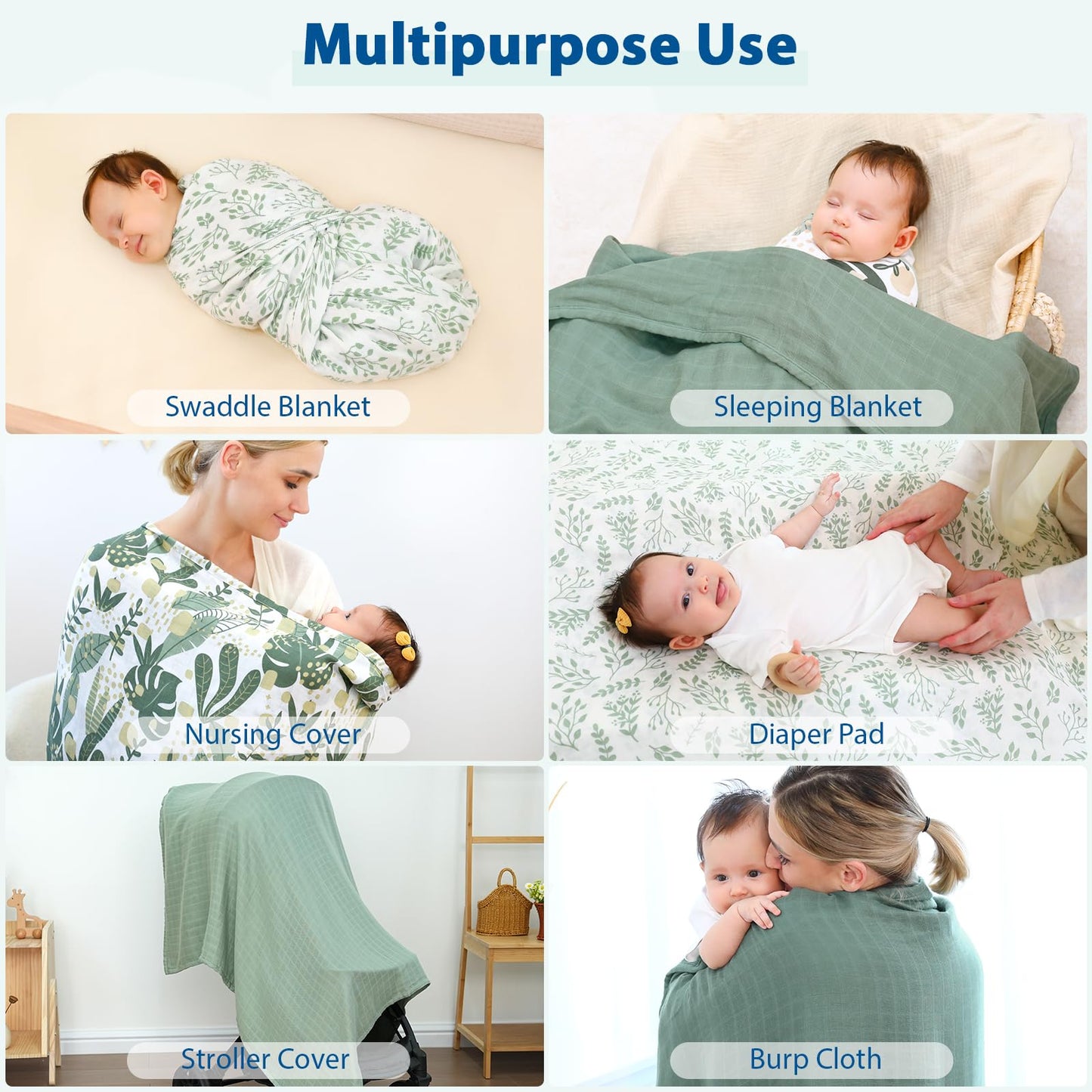 Yoofoss Muslin Swaddle Blankets, 4 Pack Receiving Blankets for Boys and Girls, 47 x 47 Inches Muslin Baby Blankets Soft Breathable - Green