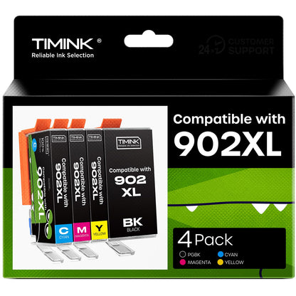 Timink Compatible with 902XL Compatible Ink Cartridge Replacement for 902 XL-4 Pack (Black, Cyan, Magenta, Yellow) Works with Officejet Pro 6968 6978 6975 Officejet 6954 6958 6962 Printers