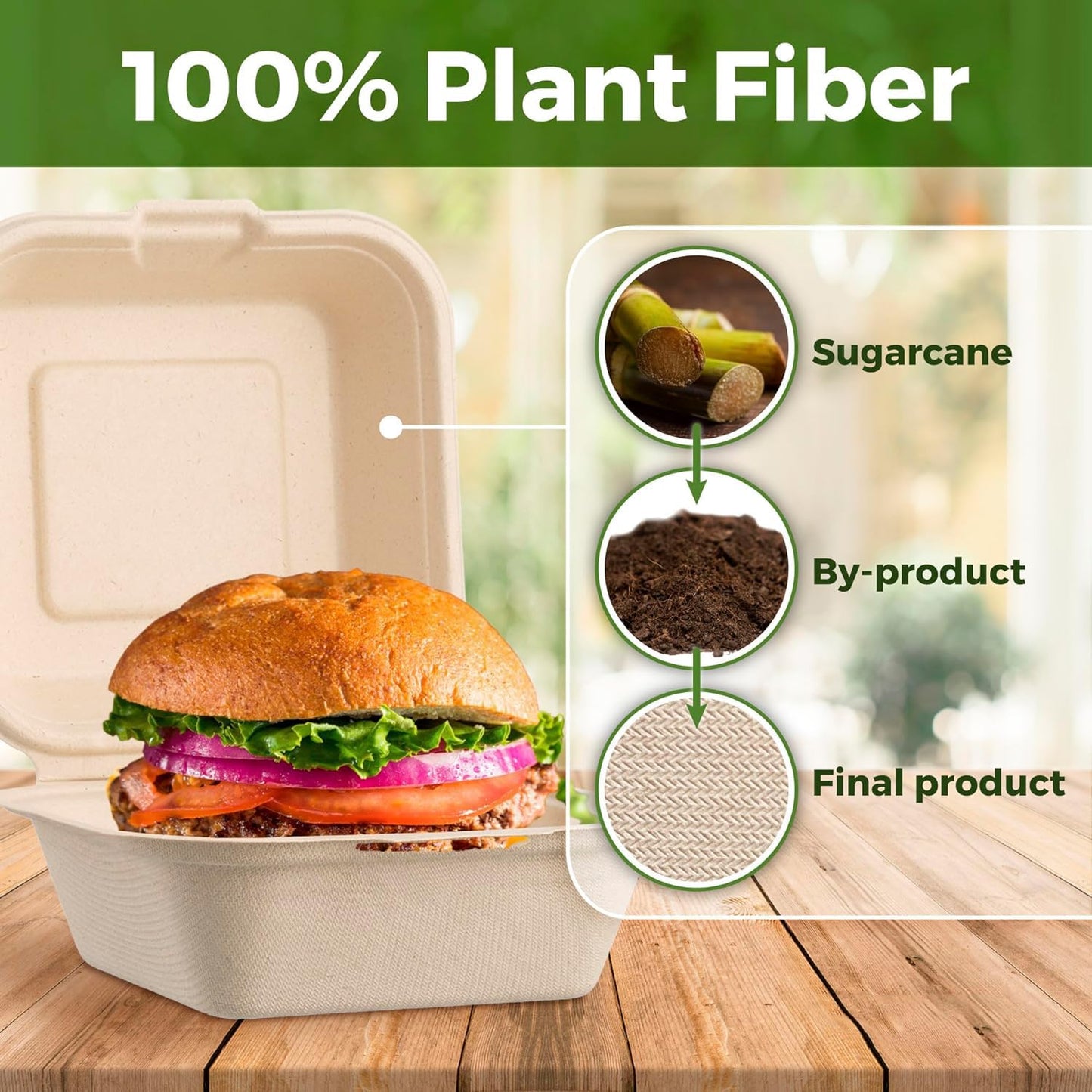 Clamshell Take Out Food Containers with Oil Paper, 6x6" 50-Pack Heavy-Duty Quality to go Containers, Natural Disposable Bagasse, Eco-Friendly Biodegradable Made of Sugar Cane Fibers