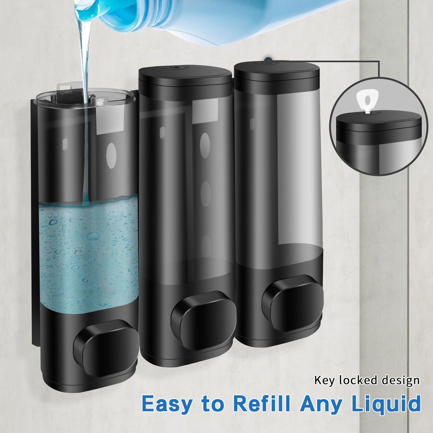 Volufia Shower Dispenser 3 Chamber No Drill, Shampoo Dispenser for Shower Wall, Shampoo and Conditioner Dispenser, Shower Soap Dispenser Bathroom 3x300ML, Black