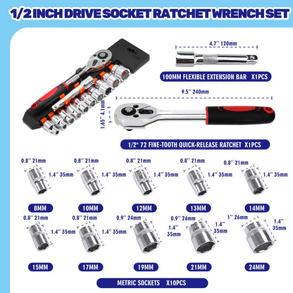 Waltool 12Pcs 1/2” Ratchet Socket Wrench Set Contains 10-24mm Sockets and 2 Way Quick Released Ratchet Handle and Extension Bar, Metric SAE Mechanic Tool Drive Socket