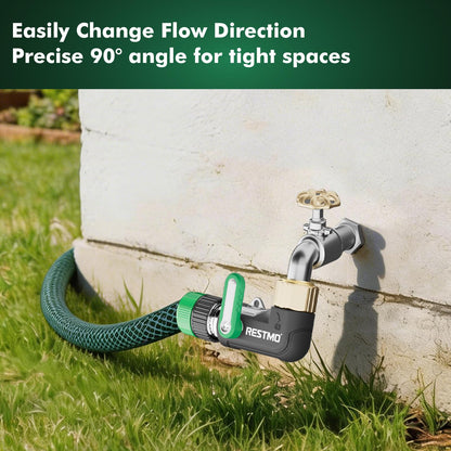RESTMO 90 Degree Water Hose Elbow, Heavy Duty Full Metal Angle Connector, Full Flow Design with Extra-Wide Ports Diameter & Extended Easy-Turn Lever for RV, Outdoor Garden Hose, Faucet, Spigot - Green