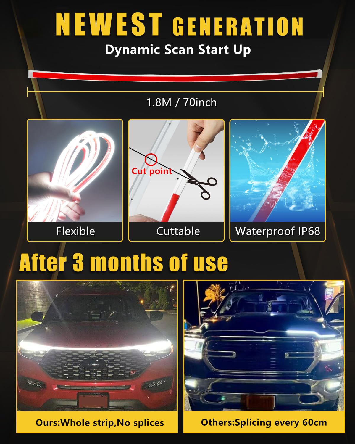 YM E-Bright Led Hood Light Strip Exterior Led Strip Lights for Cars Waterproof Headlight Flexible DRL Dynamic Scan Start Up Hoodbeam Kit Daytime Running Light For Car,Truck,Suv,12V 70inch White,1 Set