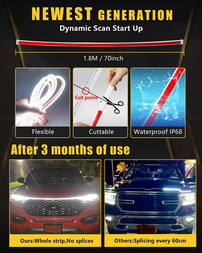 YM E-Bright Led Hood Light Strip Exterior Led Strip Lights for Cars Waterproof Headlight Flexible DRL Dynamic Scan Start Up Hoodbeam Kit Daytime Running Light For Car,Truck,Suv,12V 70inch White,1 Set