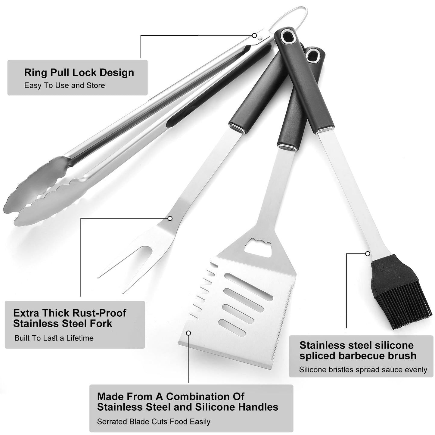 BBQ Accessories Grill Tools, Heavy Duty Grilling Accessories Barbecue Accessories Stainless Steel Grill Accessories with Spatula,Fork,Tongs,Brush and Gift-Box for Outdoor Grill, Home Grill (4PCS)