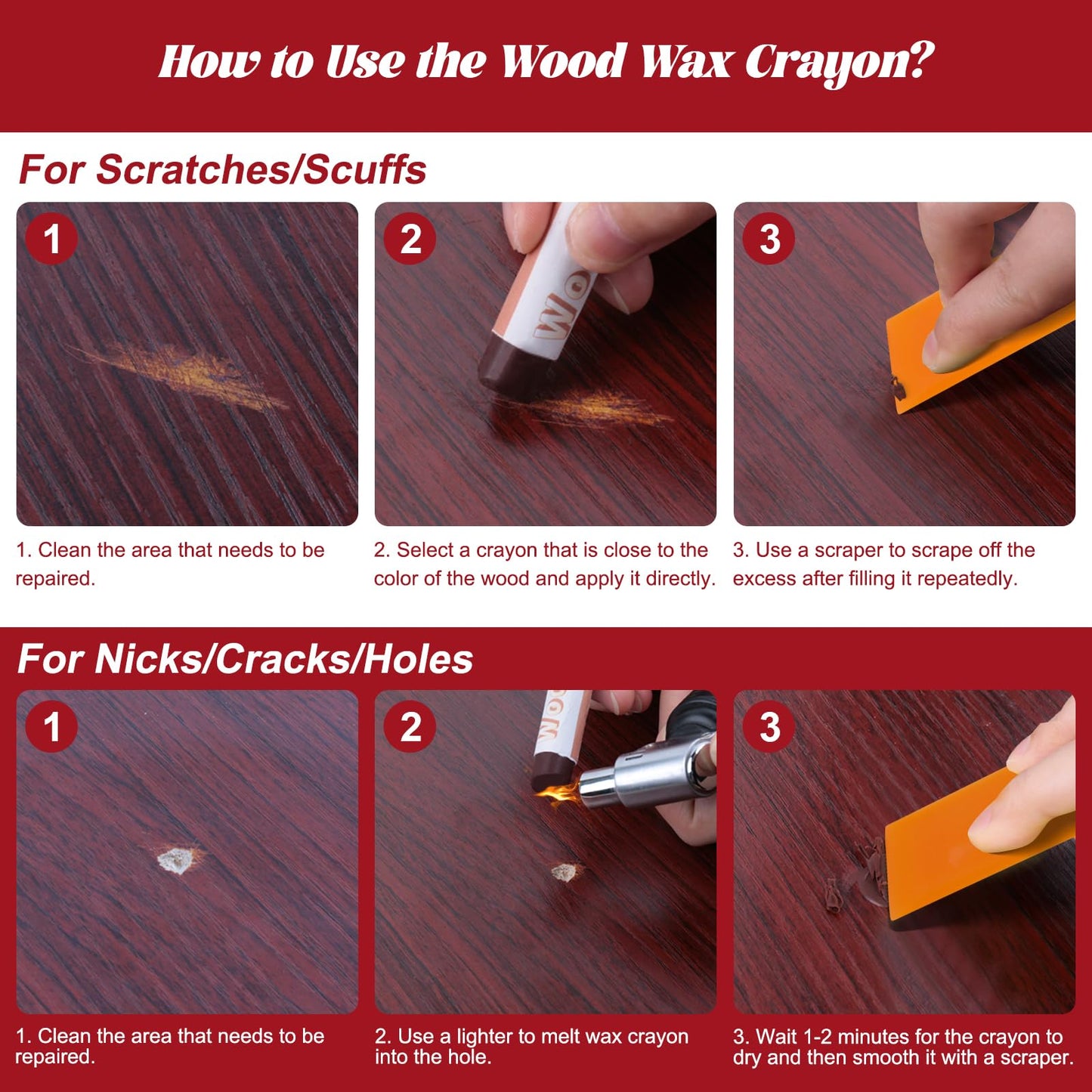 Wood Filler Sticks - Wood Furniture Wax Crayons 16 Colors, Hardwood Floor Scratch Repair Wax Filler Sticks, Touch Up Wax Sticks Repair Kit for Scratches, Scuffs, Cracks, and Nail Holes on Wooden Furniture, Floors, Cabinets, Tables