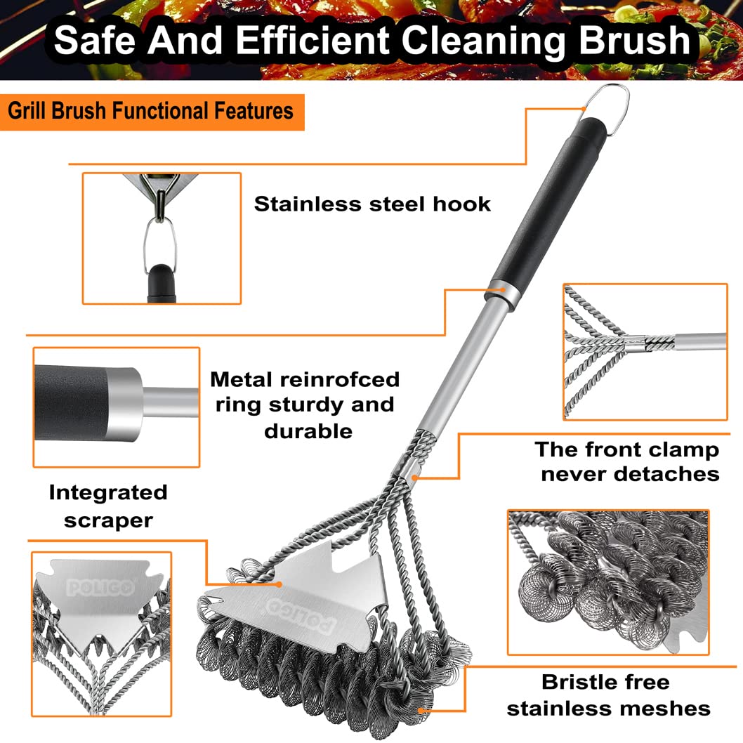 POLIGO Safe BBQ Grill Brush and Scraper Bristle Free Barbecue Brush, Stainless Steel BBQ Brush, BBQ Cleaner Brush for Porcelain Gas Charcoal Grill Efficiently Cleaning - Ideal Gifts for Grill Wizard
