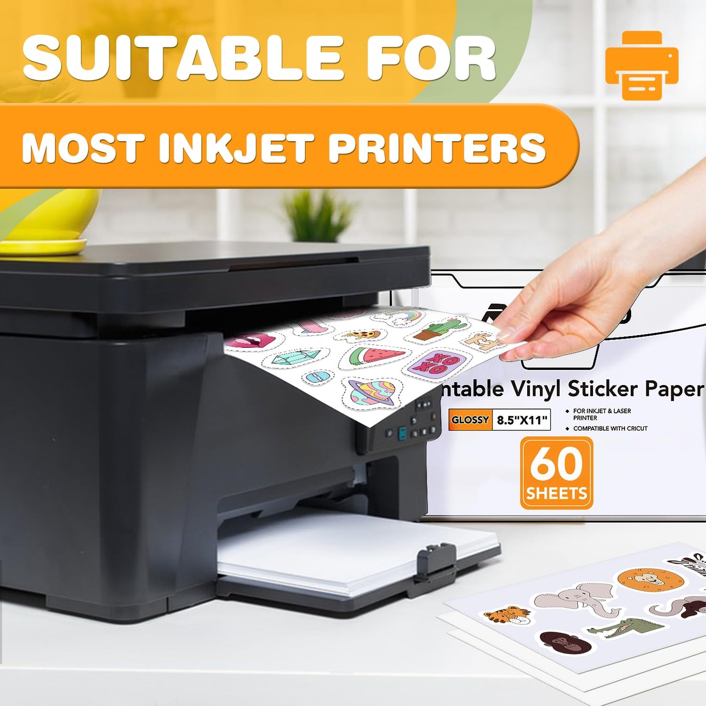 60 PCS Glossy Sticker Paper for Inkjet Printer，Printable Vinyl Sticker Paper Dries Quickly Vivid Colors，8.5"x11" Tear Resistant Printable Vinyl，White,Inkjet & Laser Printer