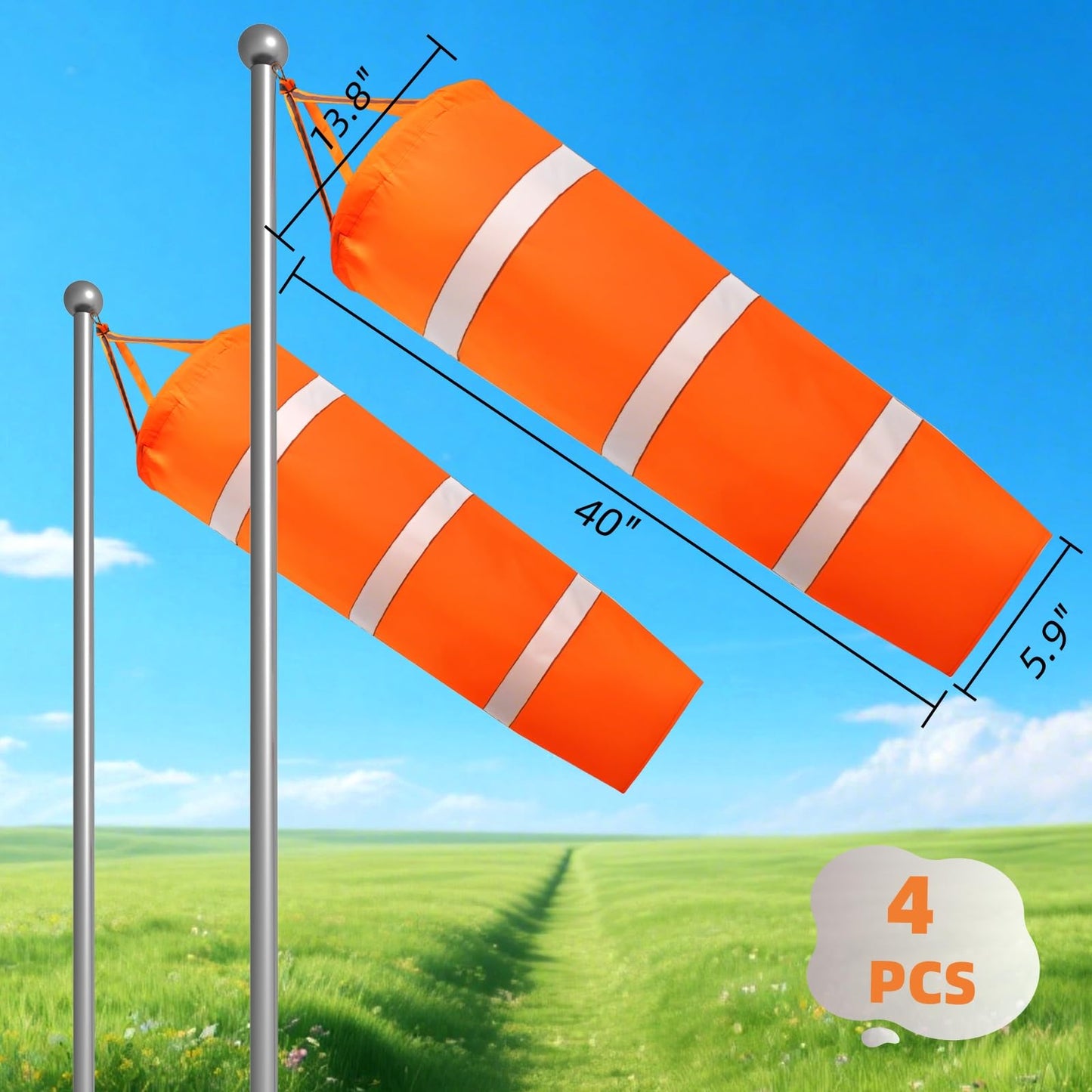 ZOOFOX 4 Pack 40 Inch Windsock, Heavy Duty Printed Wind Direction Measurement Sock Bag, Rip-Stop Orange Windsocks with Reflective Belt for Outdoors Airport Farm and Park