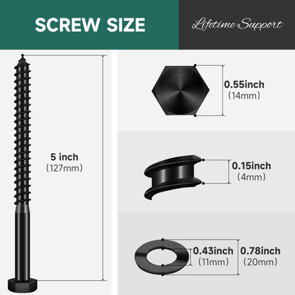 EASTPUK (8Sets) 3/8" x 5" Hex Head Lag Bolts, Heavy Duty Lag Screws with Washers, 304 Stainless Steel, 3/8 Bolt for Wood, Partial Thread, Black Oxide