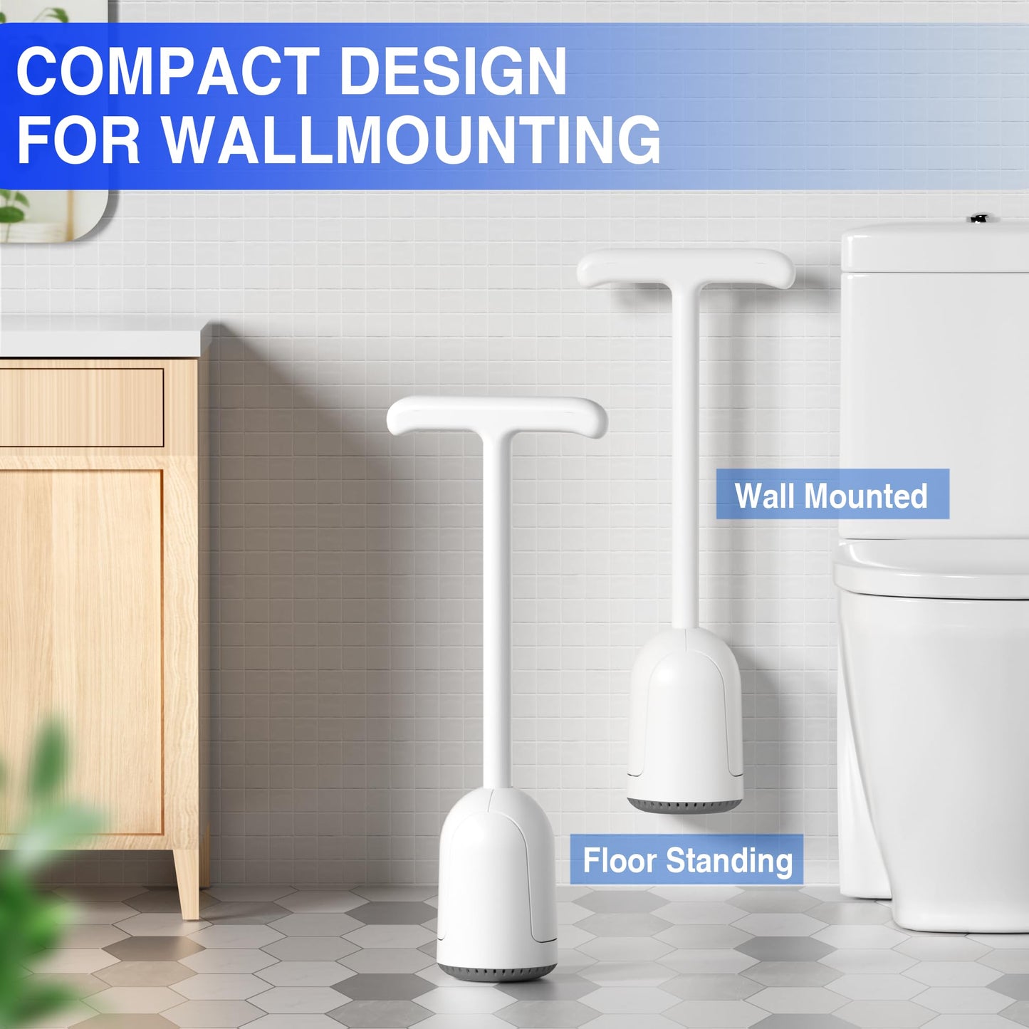 Upgraded Toilet Plunger with Holder, Wall Mounted Toilet Bowl Plunger with Hideaway Caddy, Dual Handle Plunger for Bathroom Built-in Drip Tray, RV Bathroom Accessories