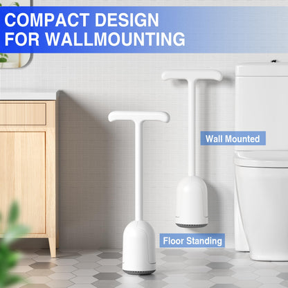 Upgraded Toilet Plunger with Holder, Wall Mounted Toilet Bowl Plunger with Hideaway Caddy, Dual Handle Plunger for Bathroom Built-in Drip Tray, RV Bathroom Accessories