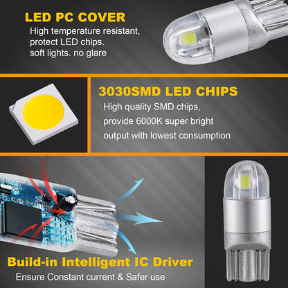 Auxbeam 194 LED Bulbs White 10 PCS, T10 LED Bulbs 6000K 3030 Chipsets T10 W5W 168 2825 LED Replacement Bulbs for License Plate Side Marker Lights, Map Door Courtesy Dashboard Reading Lights