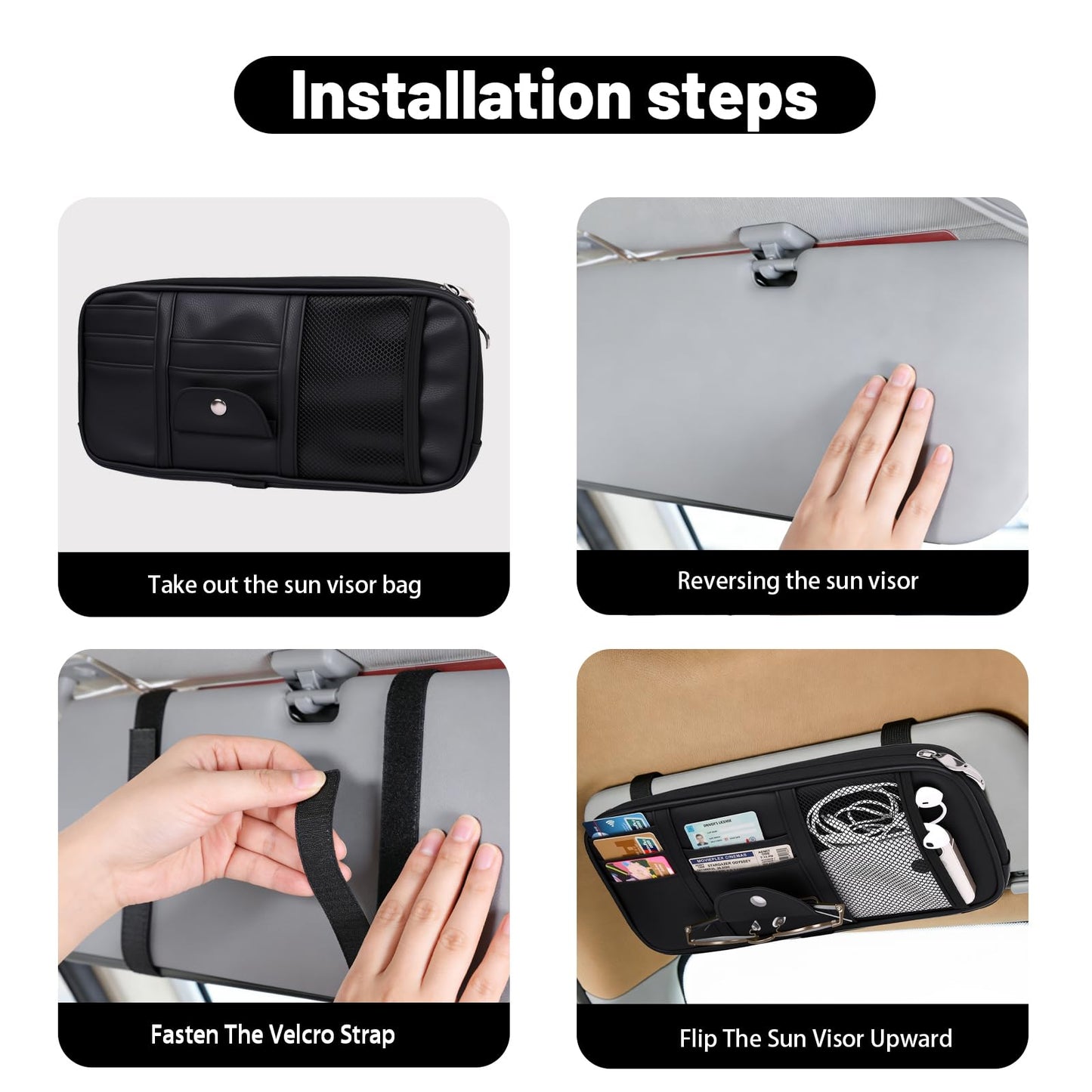 Yuan & Chuang Car Visor Organizer, Sun Visor Storage Pouch with Zipper, Lightweight Car Organizer for Cards, Glasses and Documents, PU Leather, Road Trip Essentials, Fits Most Vehicles, Black (1 Pack)
