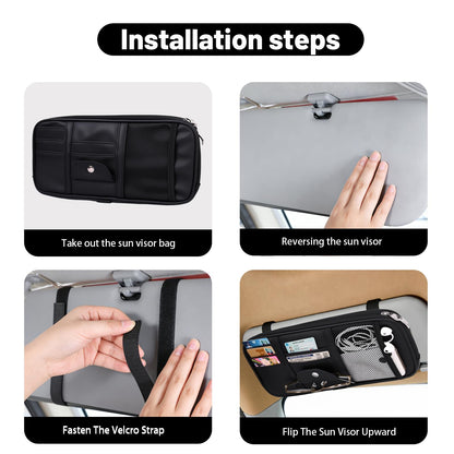 Yuan & Chuang Car Visor Organizer, Sun Visor Storage Pouch with Zipper, Lightweight Car Organizer for Cards, Glasses and Documents, PU Leather, Road Trip Essentials, Fits Most Vehicles, Black (1 Pack)