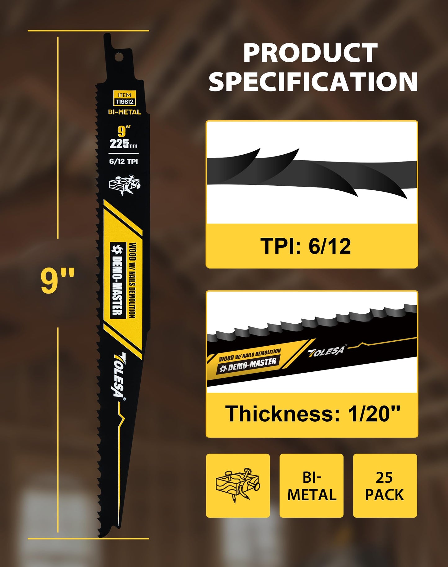 TOLESA 9 Inch 6/12 TPI Reciprocating Saw Blades for Wood and Nail-Embedded Wood Cutting, 5 Pack Bi-Metal Bi-Directional Aggressive Tooth for Fast & Smooth Cutting