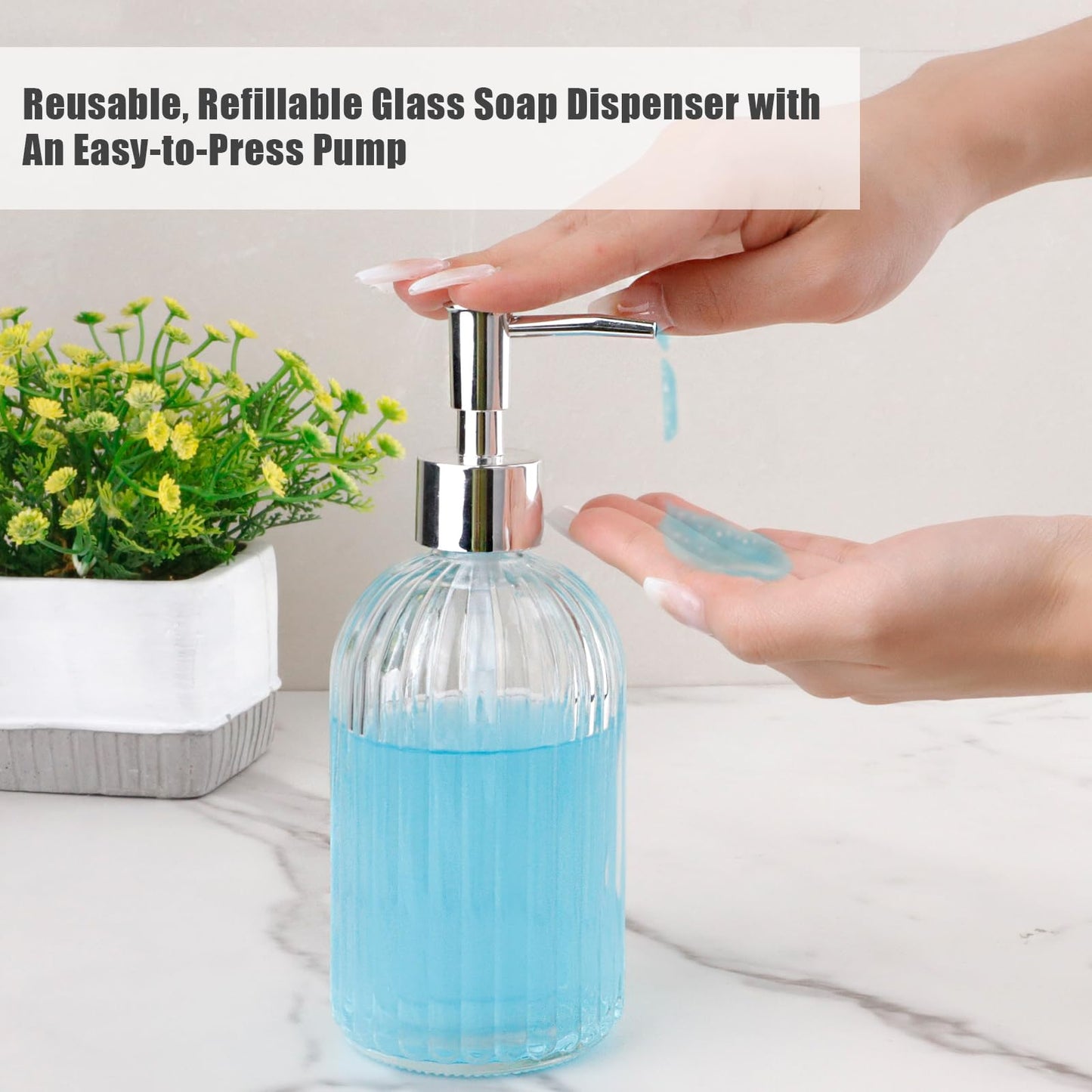 RUITENG 3 Pack Soap Dispenser Set, 14 Oz Clear Glass Soap Dispenser with Rust Proof Plastic Pump, Refillable Liquid Hand Soap Dispenser, Bathroom Soap Dispenser for Kitchen Countertop (3 Colors)