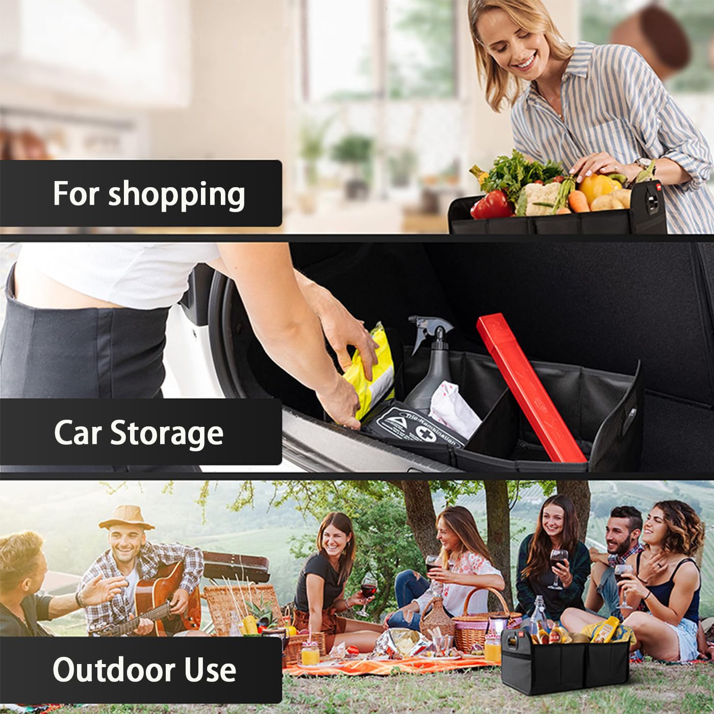 Trunk Organizer for Car, Portable Car Boot Tidy Foldable Waterproof Auto Storage Bag Cargo Trunk Groceries Organizer, Auto Accessories Universal for SUV, Truck, Van, Sedan (Medium Black)