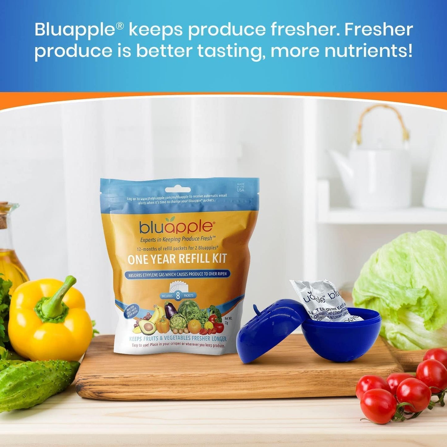 Bluapple Produce Saver Refill Kit - Keep Fruits and Vegetables Fresh Longer, 8 Veggie and Fruit Saver Packets, Each Packet Lasts up to 3 Months, Ethylene Gas Absorber