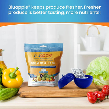 Bluapple Produce Saver Refill Kit - Keep Fruits and Vegetables Fresh Longer, 8 Veggie and Fruit Saver Packets, Each Packet Lasts up to 3 Months, Ethylene Gas Absorber