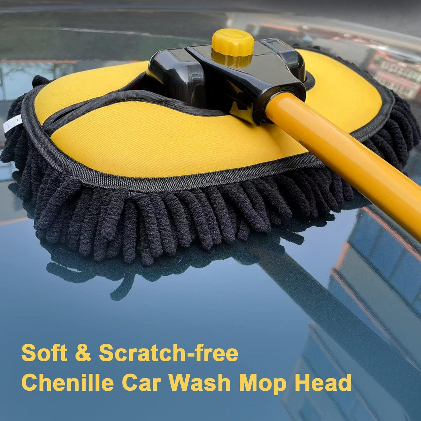 YeewayVeh Car Wash Brush with Long Handle, Car Wash Mop with Replaceable Microfiber Cover, Microfiber Cleaning Supplies with 15° Curved Extension Pole Washing Kit for RV Truck Camper, Yellow