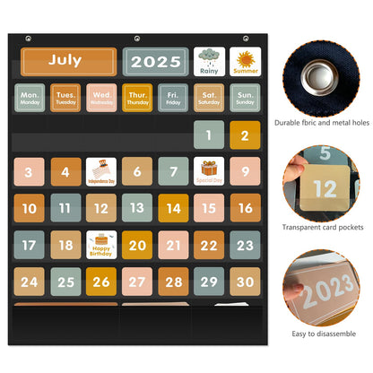 REGELETO Boho Calendar Pocket Chart with 92 Cards for Classroom,46 Pockets Black Monthly Calendar and Weather Pocket Chart for Students Learning Size: 28.75" H x 24" W inch for Home or Classroom