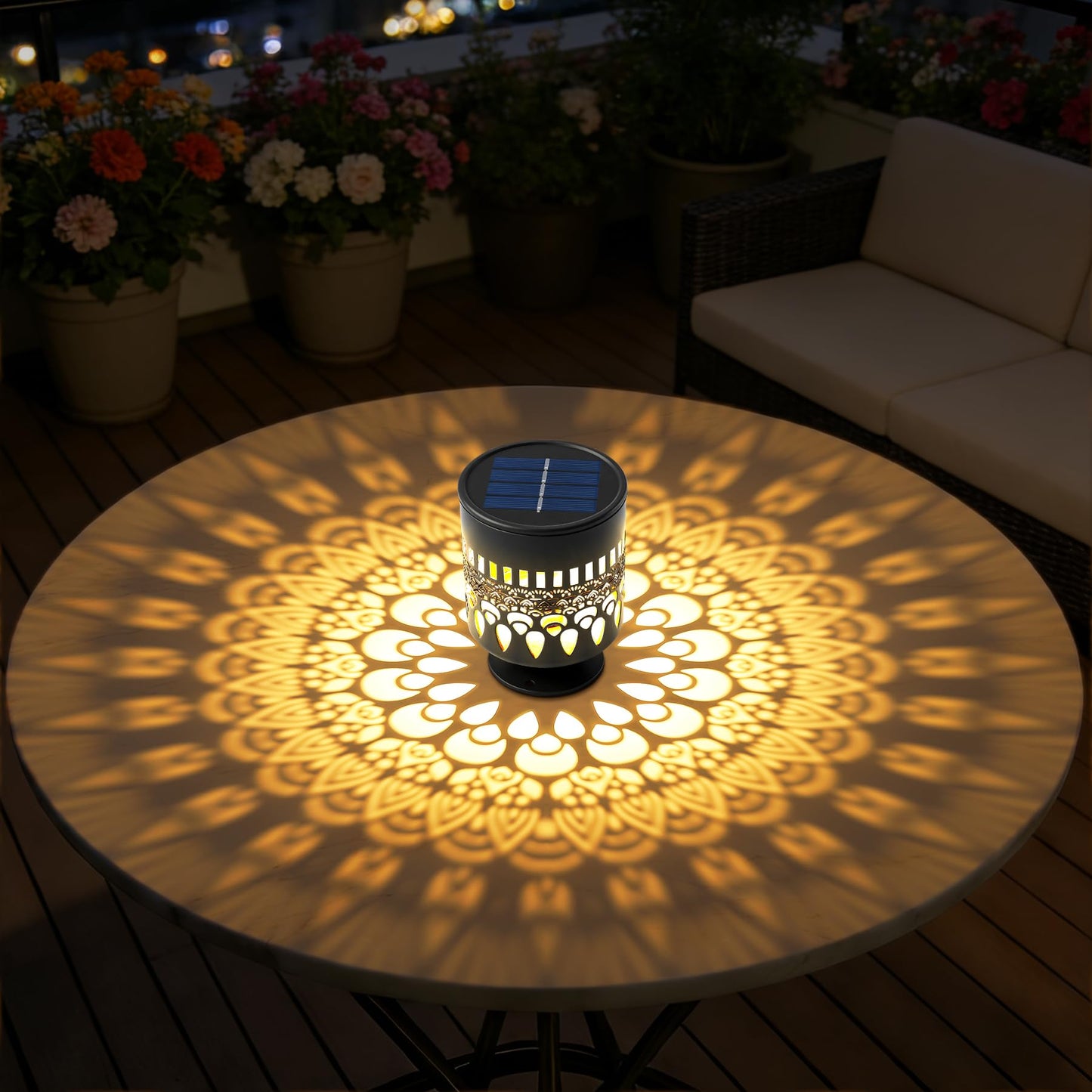 Solar Fence Lights 2 Pack, Outdoor Deck Step Wall Lights, Metal Waterproof LED Warm Yellow Light for Garden Post Patio Backyard Yard Decor (Peacock Feather-2, 2)