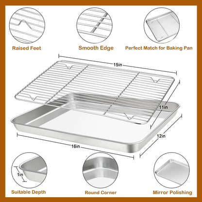 Baking Sheet with Rack Set (1 Sheet + 1 Rack), HaWare Stainless Steel Cookie Sheet for Oven Baking, 16”x12” Baking Pan Tray with Cooling Rack, Non Toxic & Heavy Duty, Dishwasher Safe