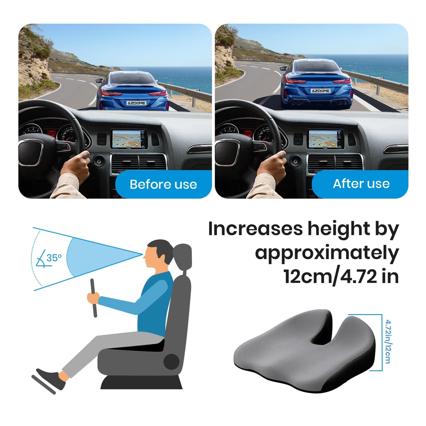 Benazcap Car Seat Cushion - Memory Foam Car Seat Pad - Sciatica & Lower Back Pain Relief - Car Seat Cushions for Driving - Road Trip Essentials for Drivers-Grey