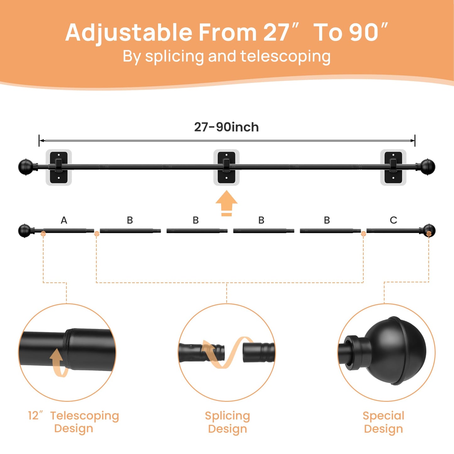 upsimples No Drill Curtain Rods for Window 48 to 84 Inches, 5/8 Inch Diameter Renter Friendly Drapery Rod with Adhesive Brackets without Drilling, Adjustable from 27 to 90 Inches, Black