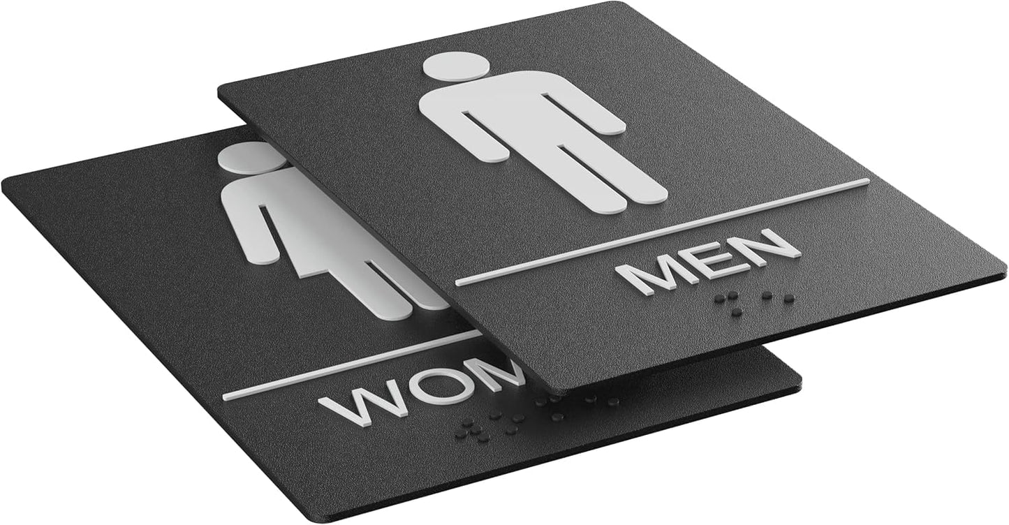 Washroom Sign, Bathroom Signs For Business - Ideal Restroom Sign For Men and Women - 2 Pack - 9" by 6" - ADA Compliant with Braille and Handicap Symbol - Strong Double-Sided Adhesives - Apply to Door or Wall