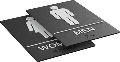 Washroom Sign, Bathroom Signs For Business - Ideal Restroom Sign For Men and Women - 2 Pack - 9" by 6" - ADA Compliant with Braille and Handicap Symbol - Strong Double-Sided Adhesives - Apply to Door or Wall
