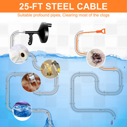 Plumbing Snake Drain Auger 25 Feet Pipe Snake Professional Drain Clog Remove Tool for Bathtub Drain, Kitchen Sink, Sewer, Comes with Gloves and 25 Inch Snake Hair Clog Remover
