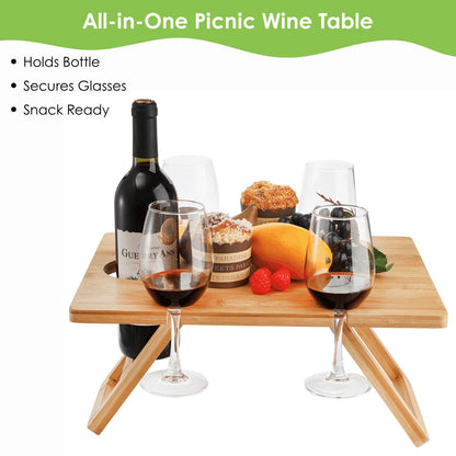 YOUEON Portable Wine Picnic Table with 5 Wine Glasses Holder, Foldable Champagne Snack Tables, Beverage and Cheese Table for Picnic, Camping, Park, Beach, Outdoor Lover Gift