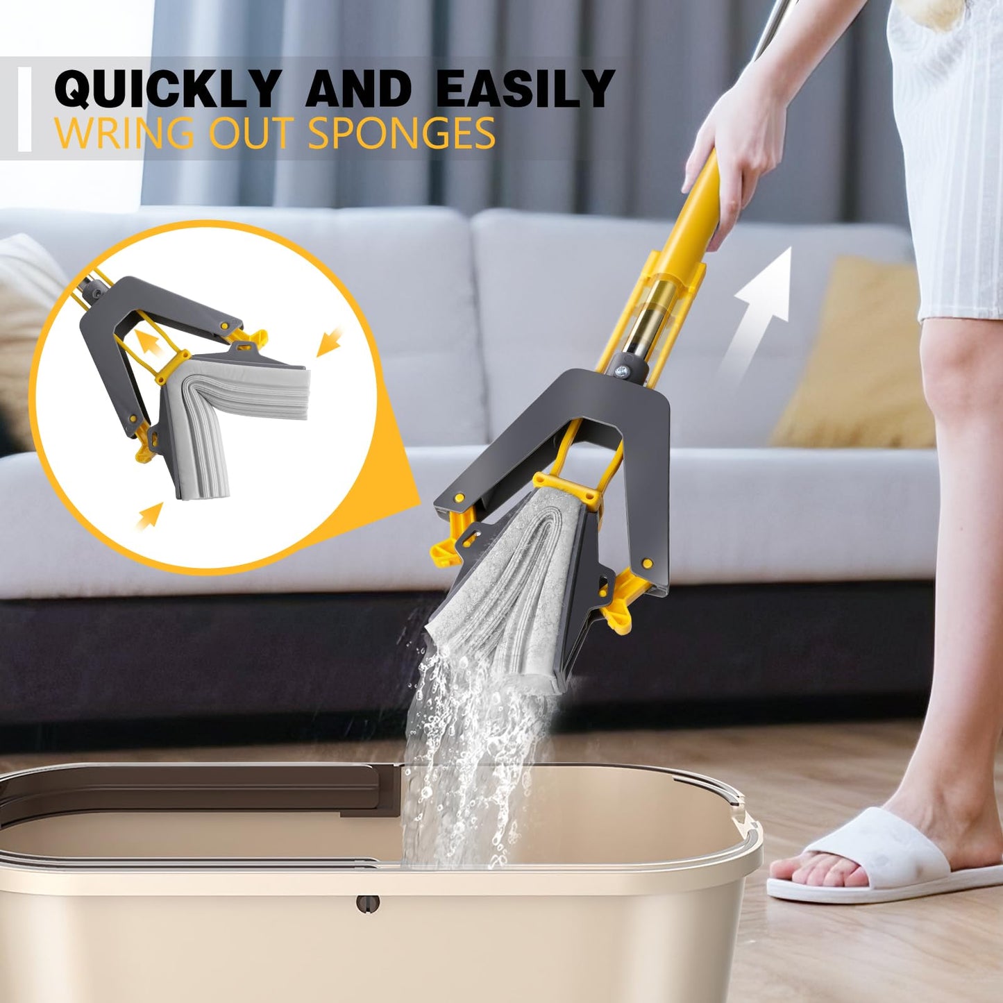 Sponge Mops, Self Wringing Mop with 3pcs Absorbent Sponge Head, Hand Wash Free Mop with 50" Long Handle, for Hardwood Laminate Tile Marble Floor Cleaning