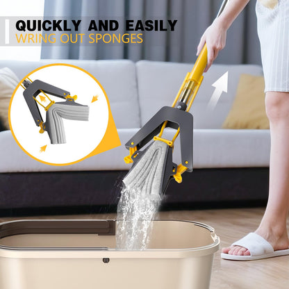 Sponge Mops, Self Wringing Mop with 3pcs Absorbent Sponge Head, Hand Wash Free Mop with 50" Long Handle, for Hardwood Laminate Tile Marble Floor Cleaning