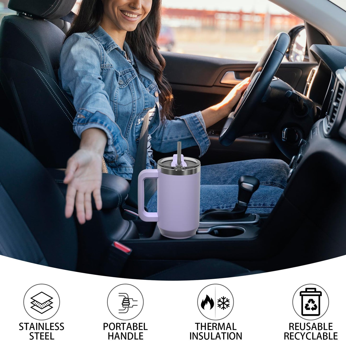 WATERSY 40 oz Tumbler with Handle,Tumbler with Lid and Straw,Double Wall Insulated Cup Stainless Steel Travel Mug(Cold for 34 Hours),Water Bottle for Iced Tea,Coffee,Cold Beverages(Purple)