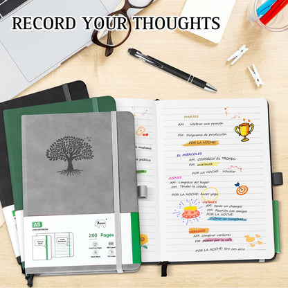 3 Pack Notebook for Work, Leather Journal for Women Men, A5 College Ruled Journal Notebook, Hardcover Notebooks with Pens,100GSM Paper, Office Supplies(Grey & Black & Green)