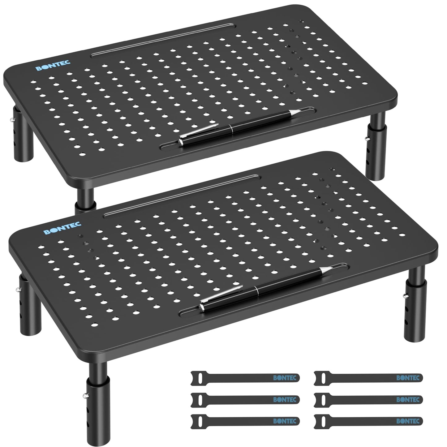 BONTEC 2 Pack Monitor Stand Riser, 3 Height Adjustable Monitor Stand for Desk, Computer Monitor Riser Stand with Mesh Platform for Laptop, Computer, iMac, PC (Black, 2 Pack Normal)