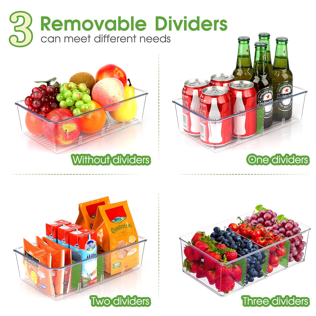 ZIZOTI Clear Pantry Organizer Storage Bins 4 Pack Plastic Removable Snack Organizer Pantry Organization Storage Racks with Removable Dividers, Perfect for Snacks, Packets, Spices, Kitchen, Cabinets