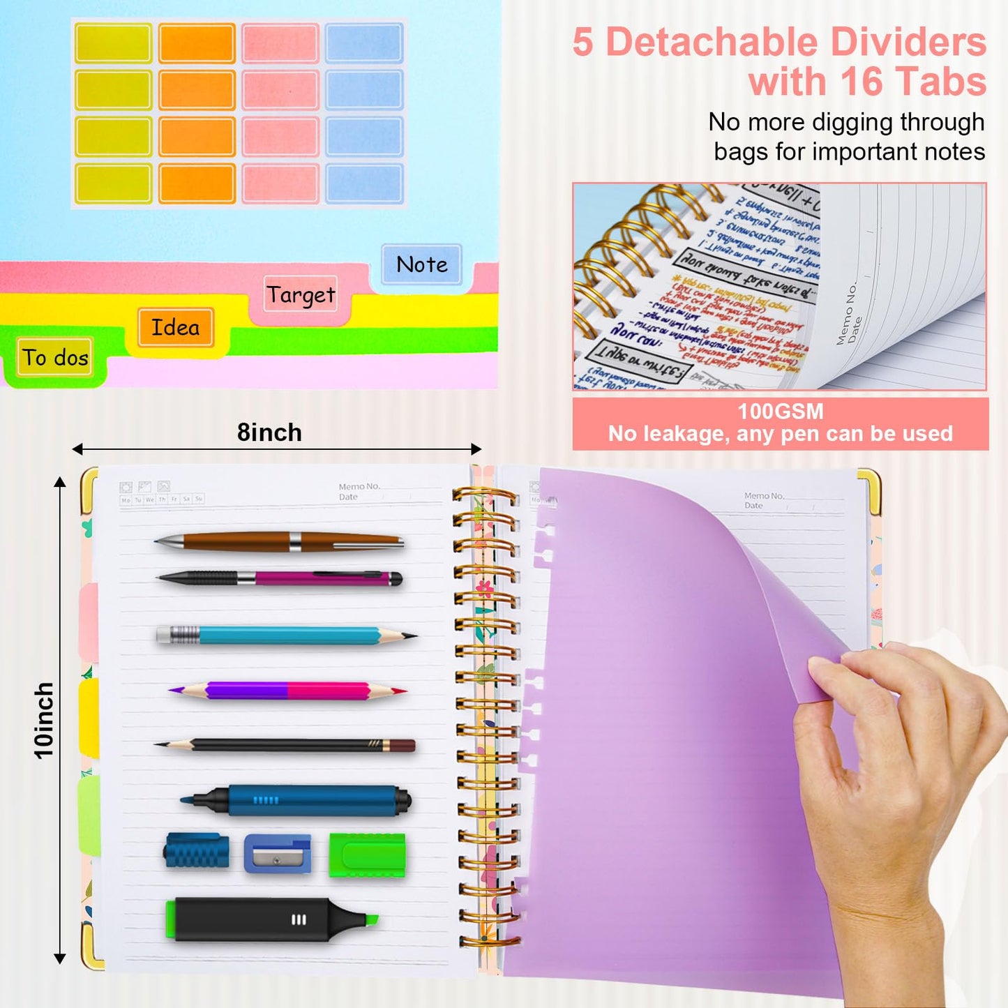 Spiral Journal Notebooks for Work, 300 Pages 5 Subject Notebook College Ruled with Dividers & Tabs, Notebook Journal for Women Students Note-Taking and Organizer (Beige Bloom, B5(8"x10"))